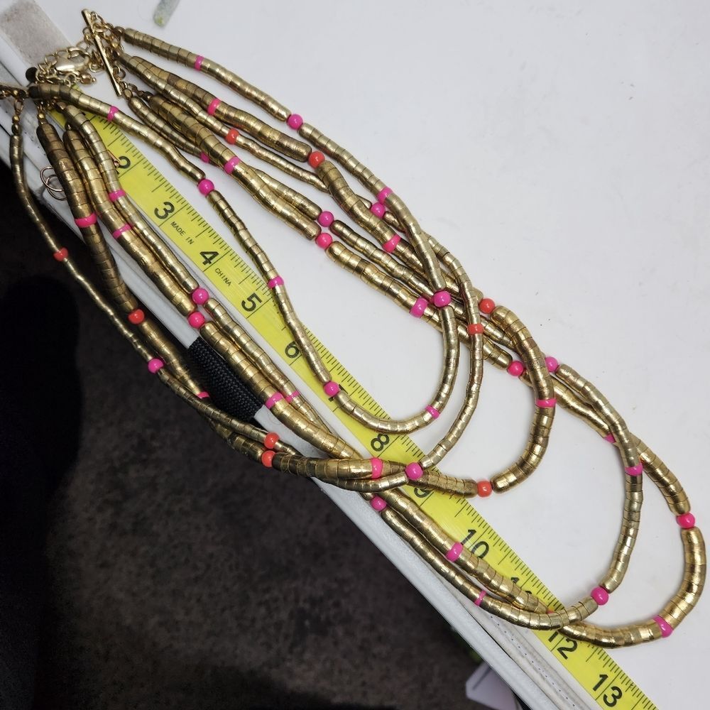 CHICOS Long‎ Layered Geometric Chunky Necklace Pink Antique Gold Earrings Set - Picture 7 of 7